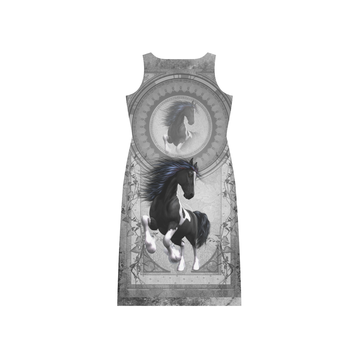 Awesome horse in black and white with flowers Phaedra Sleeveless Open Fork Long Dress (Model D08)