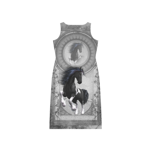 Awesome horse in black and white with flowers Phaedra Sleeveless Open Fork Long Dress (Model D08)