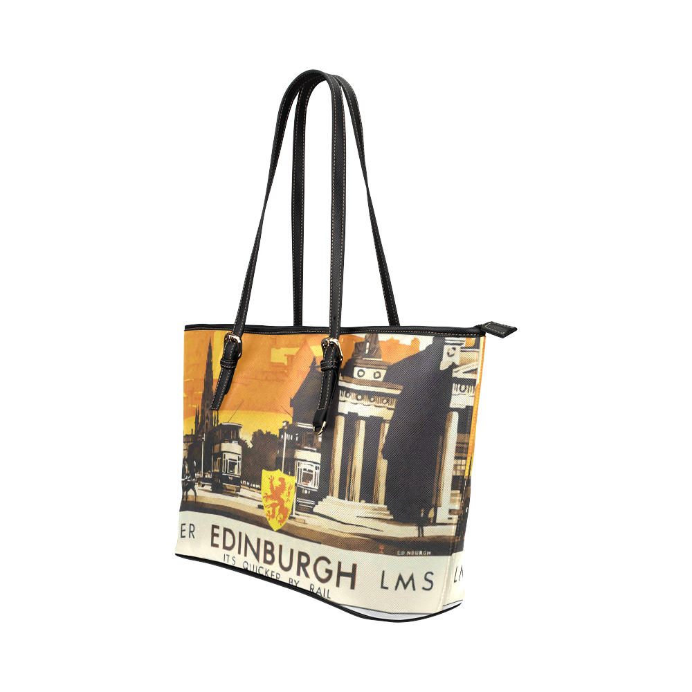 Edinburgh Vintage Travel Poster Leather Tote Bag/Large (Model 1651)