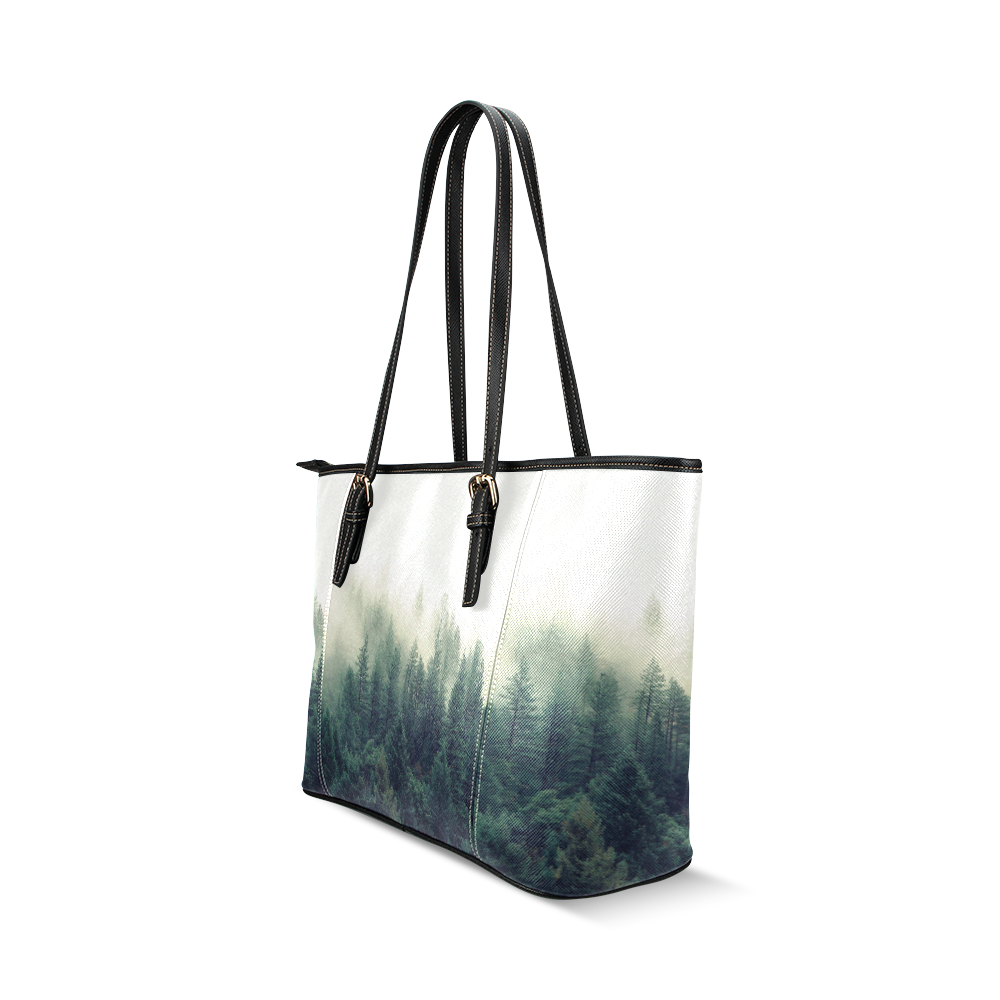 Calming Green Nature Forest Scene Misty Foggy Leather Tote Bag/Small (Model 1640)