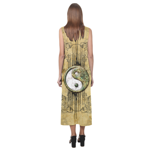 Ying and yang with decorative floral elements Phaedra Sleeveless Open Fork Long Dress (Model D08)