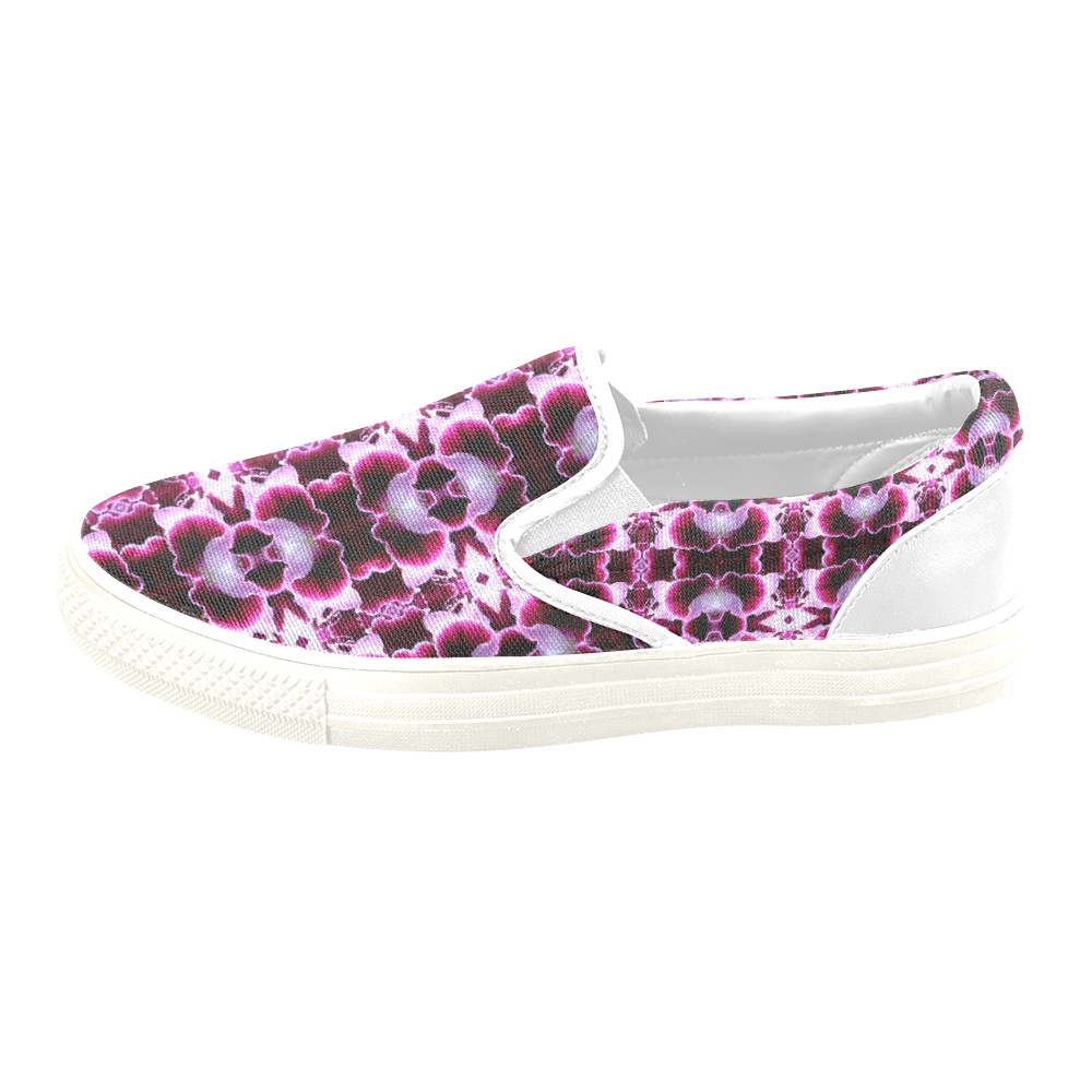 Purple White Flower Abstract Pattern Women's Unusual Slip-on Canvas Shoes (Model 019)