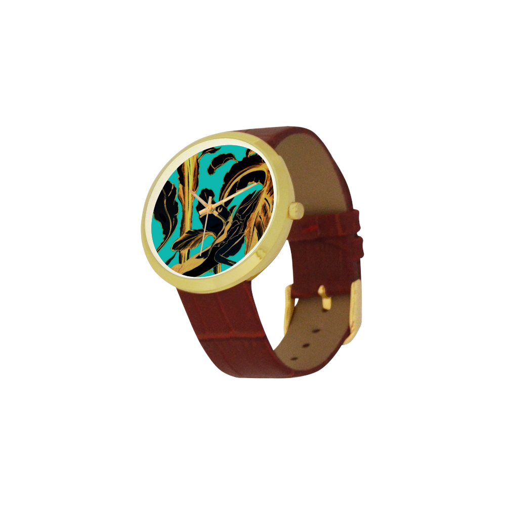 Blue Succulent gold teal Women's Golden Leather Strap Watch(Model 212)