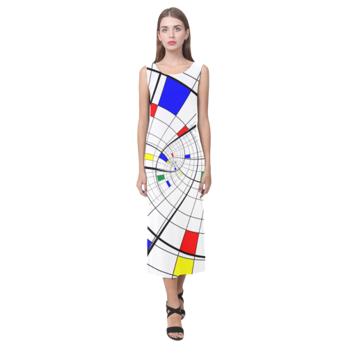 Swirl Grid with Colors Red Blue Green Yellow Phaedra Sleeveless Open Fork Long Dress (Model D08)