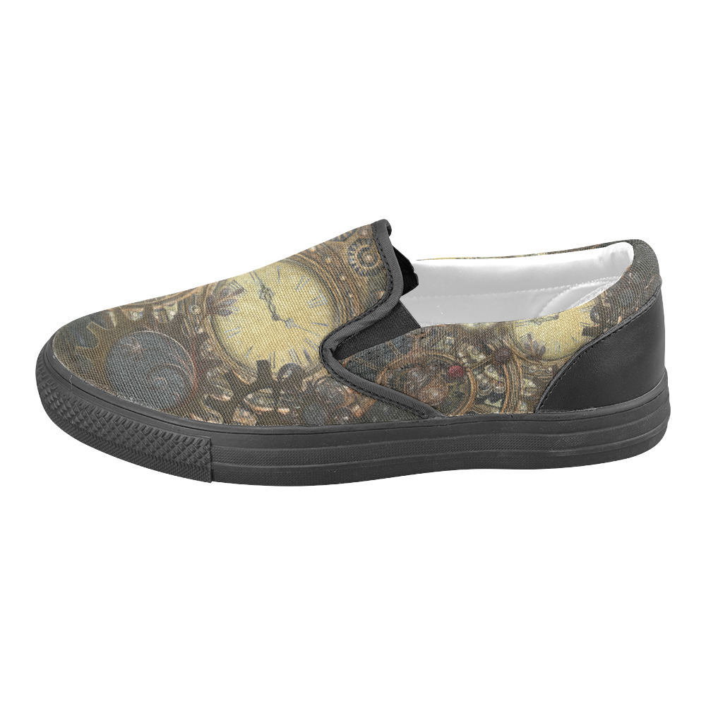 Painting Steampunk clocks and gears Men's Slip-on Canvas Shoes (Model 019)