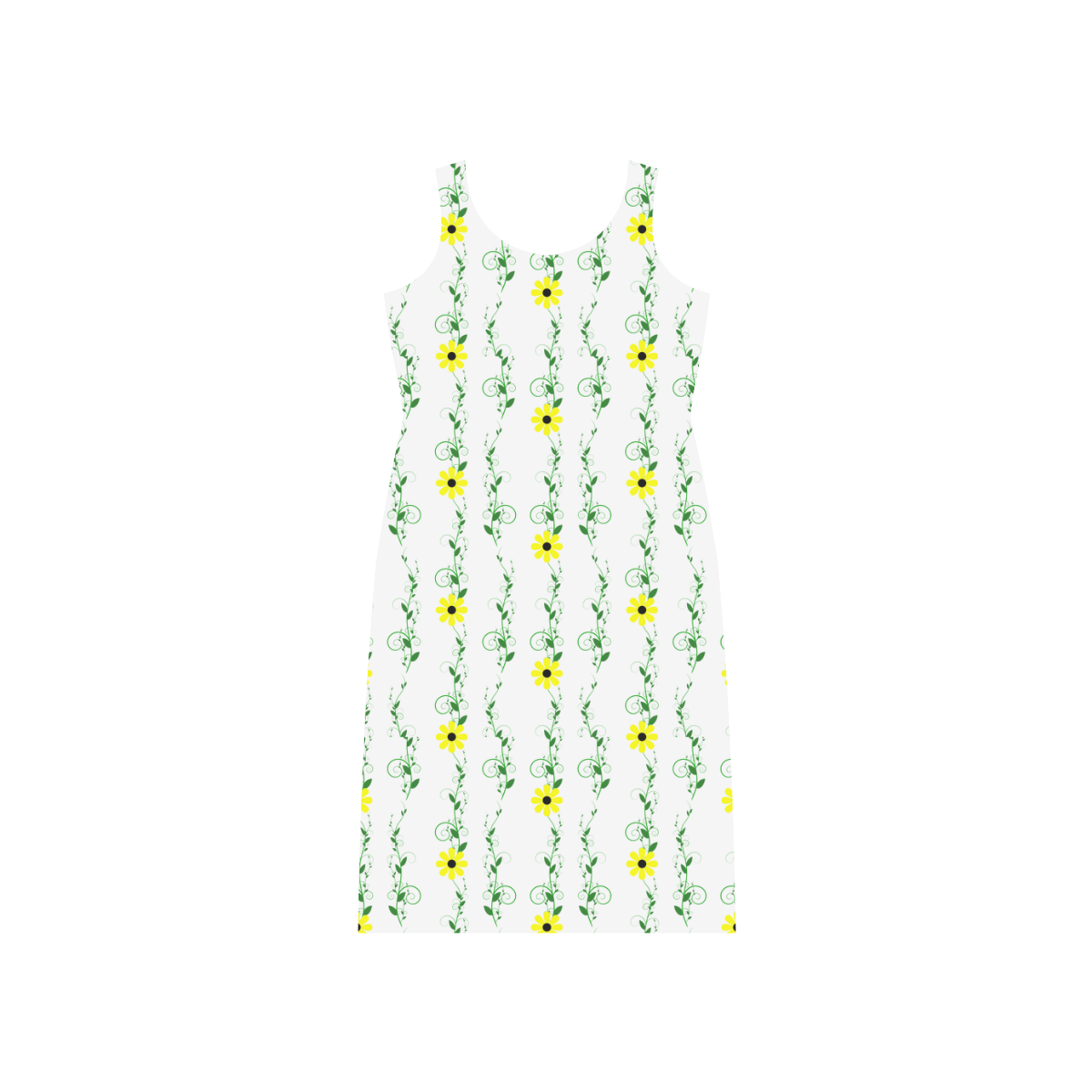 Green Swirly Vines and Yellow Flowers Phaedra Sleeveless Open Fork Long Dress (Model D08)