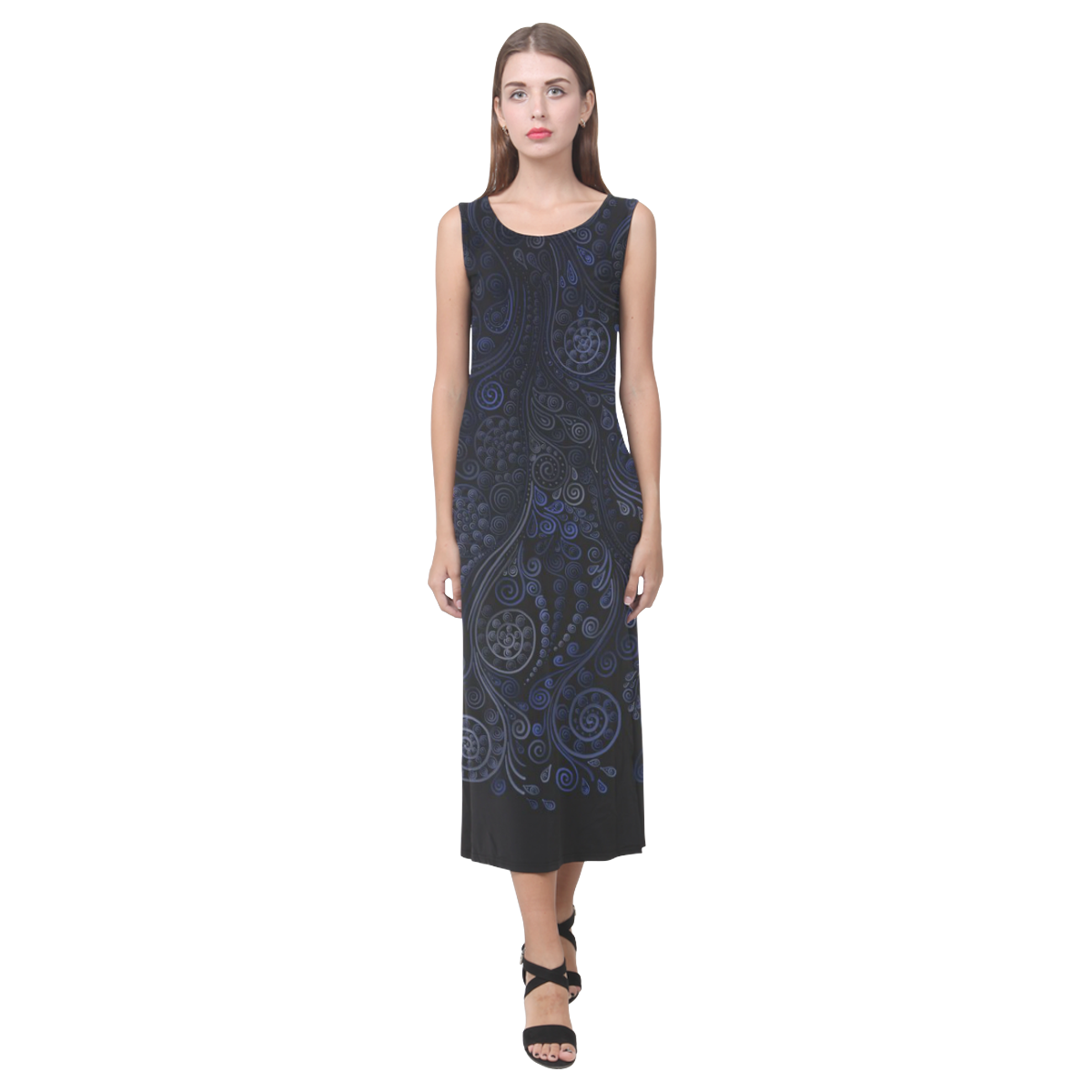 Ornamental - blue on gray Phaedra Sleeveless Open Fork Long Dress (Model D08)