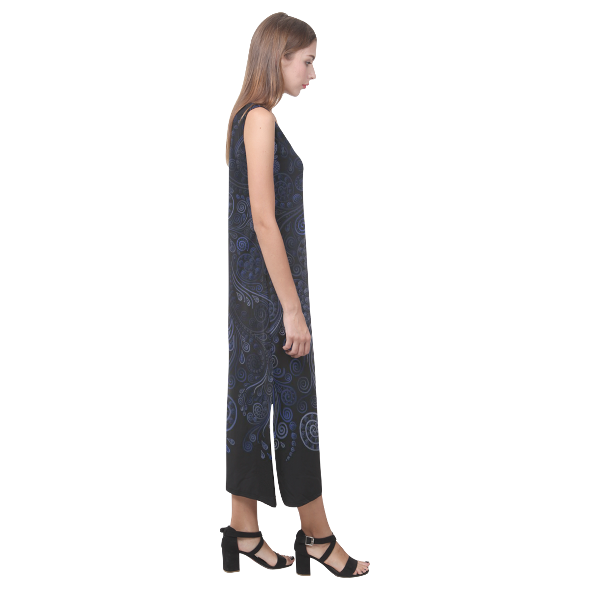 Ornamental - blue on gray Phaedra Sleeveless Open Fork Long Dress (Model D08)