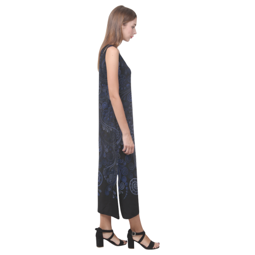 Ornamental - blue on gray Phaedra Sleeveless Open Fork Long Dress (Model D08)