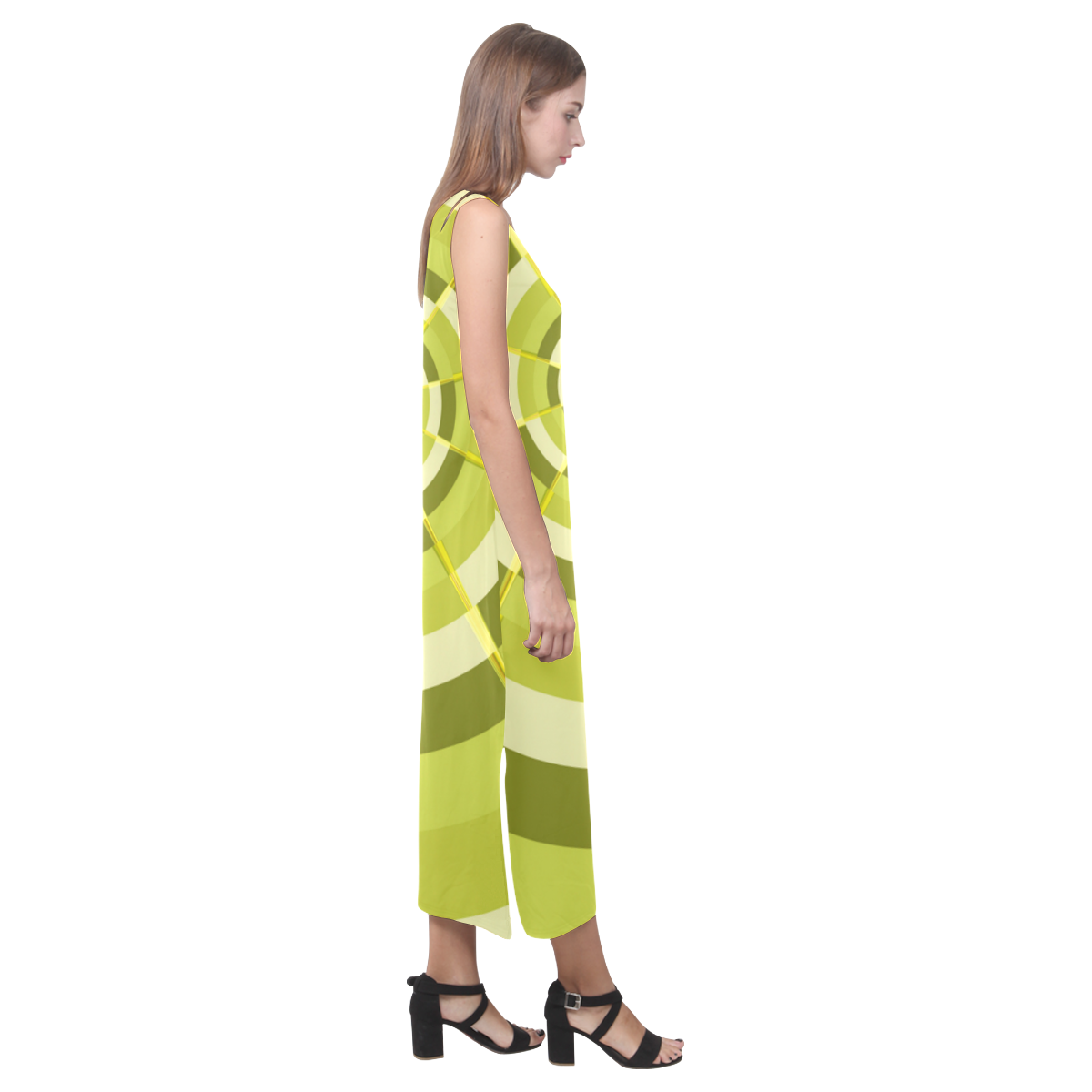 Crazy Dart Green Gold Spiral Phaedra Sleeveless Open Fork Long Dress (Model D08)