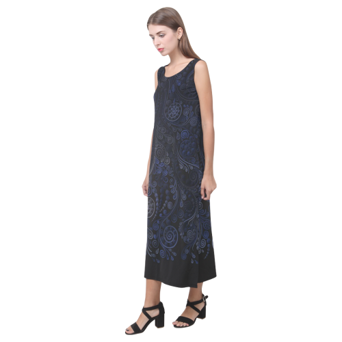 Ornamental - blue on gray Phaedra Sleeveless Open Fork Long Dress (Model D08)