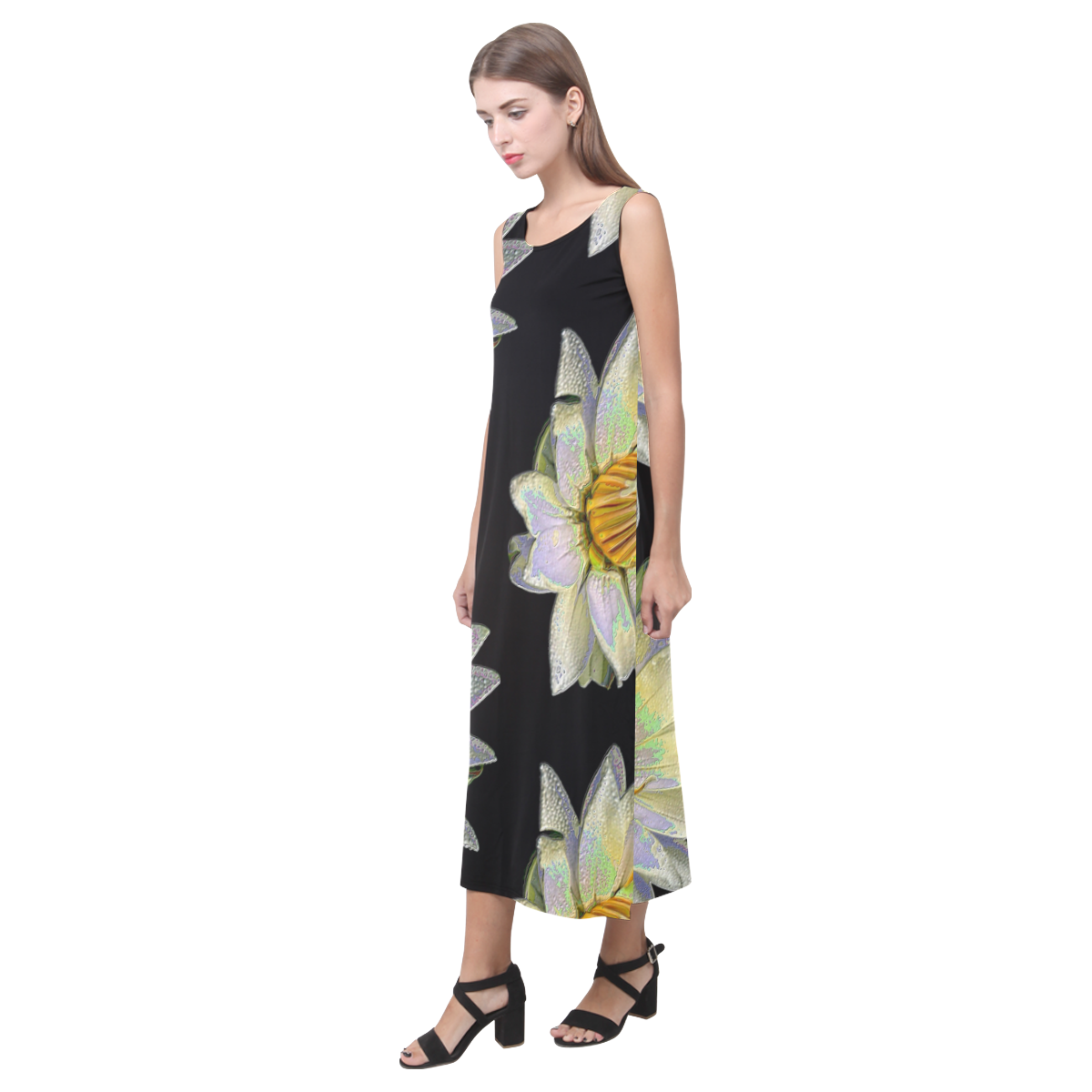 Neon Floral Hummingbirds Phaedra Sleeveless Open Fork Long Dress