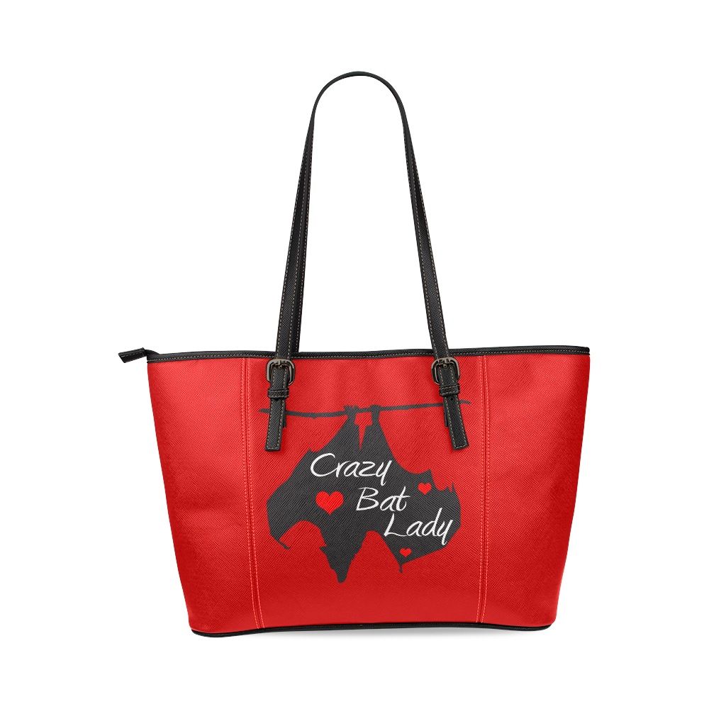 Crazy Bat Lady Red Tote Leather Tote Bag/Large (Model 1640)