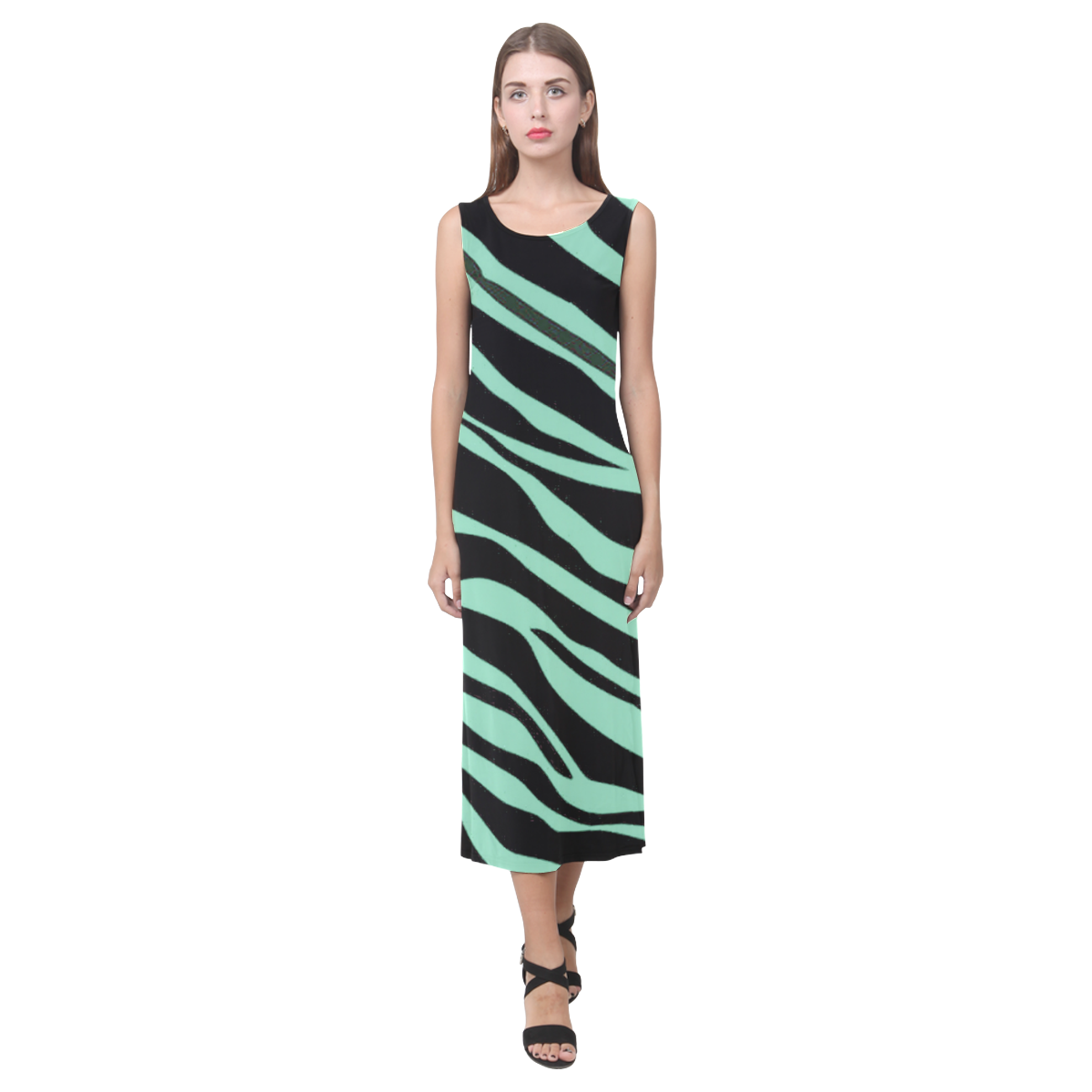 Mint Green Zebra Stripes Phaedra Sleeveless Open Fork Long Dress (Model D08)