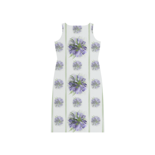 Small Purple Flowers with green lines Phaedra Sleeveless Open Fork Long Dress (Model D08)