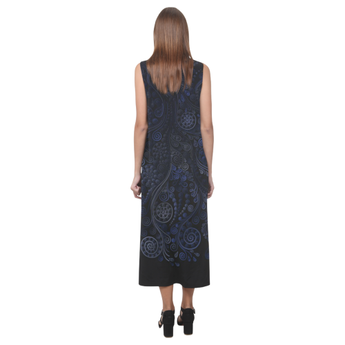 Ornamental - blue on gray Phaedra Sleeveless Open Fork Long Dress (Model D08)