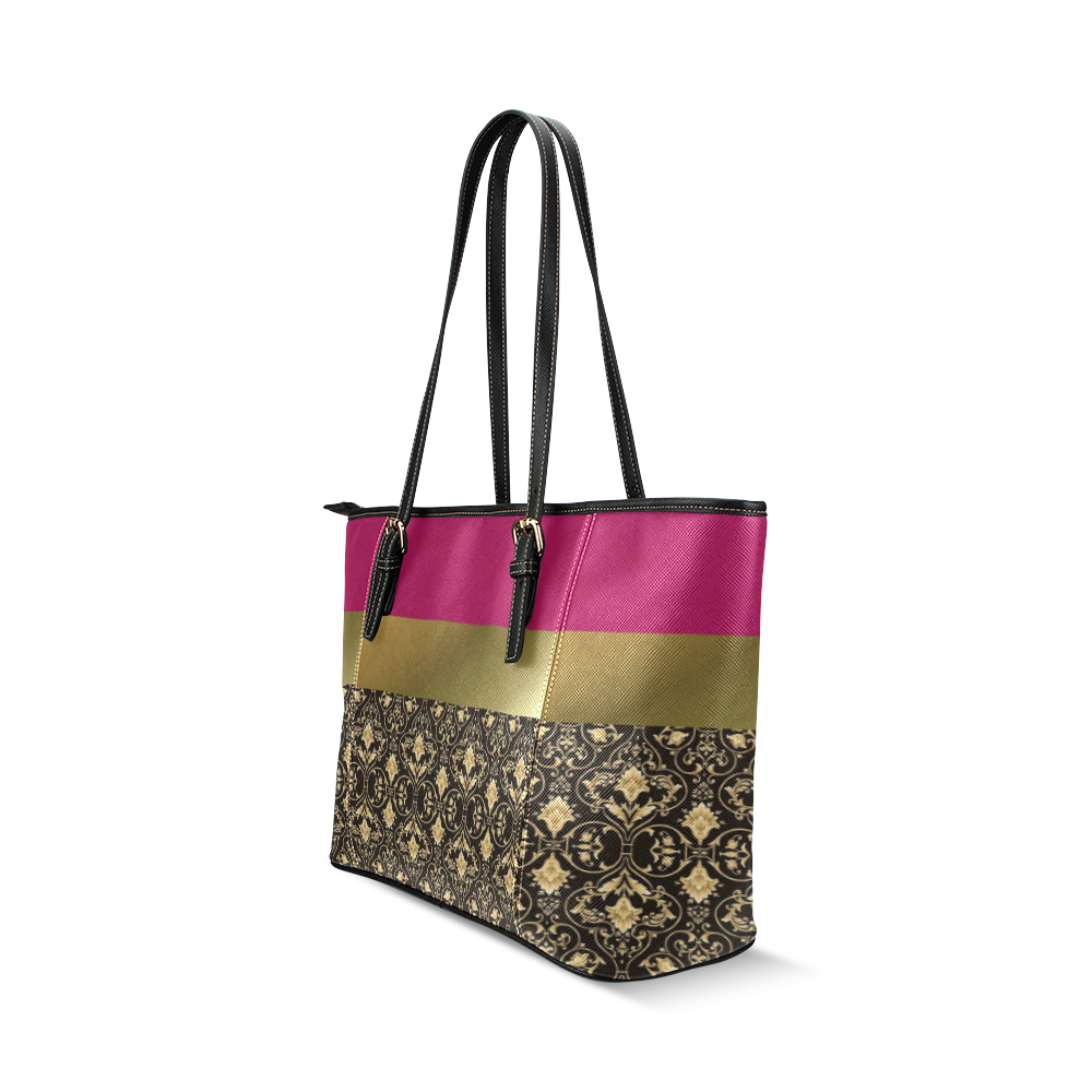 Damask in Red and Gold Leather Tote Bag/Small (Model 1640)