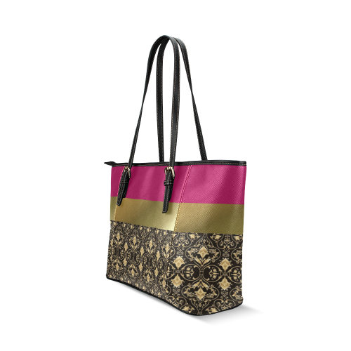 Damask in Red and Gold Leather Tote Bag/Small (Model 1640)