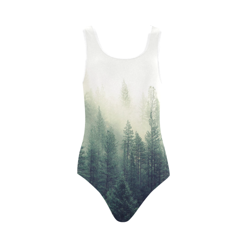 Calming Green Nature Forest Scene Misty Foggy Vest One Piece Swimsuit (Model S04)