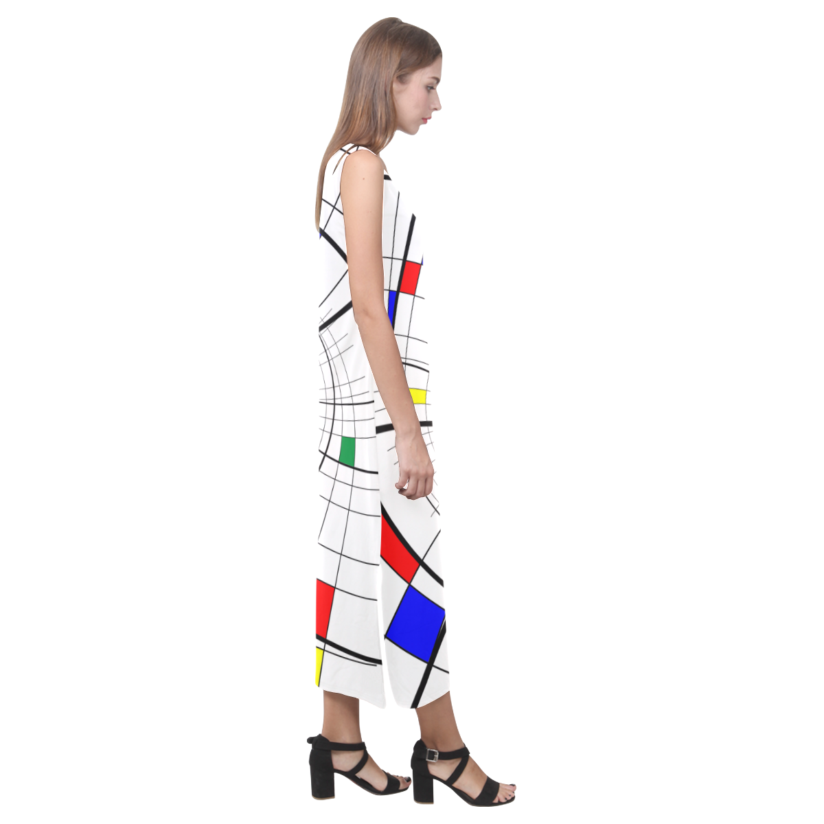 Swirl Grid with Colors Red Blue Green Yellow Phaedra Sleeveless Open Fork Long Dress (Model D08)