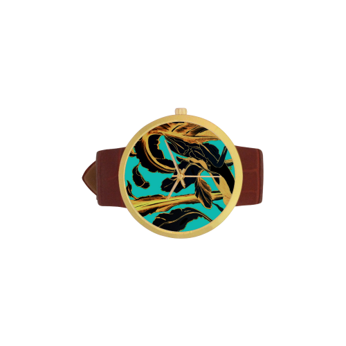 Blue Succulent gold teal Women's Golden Leather Strap Watch(Model 212)