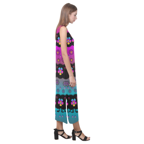 Rainbow  big flowers in peace for love and freedom Phaedra Sleeveless Open Fork Long Dress (Model D08)