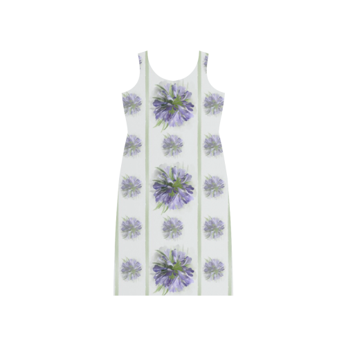 Small Purple Flowers with green lines Phaedra Sleeveless Open Fork Long Dress (Model D08)