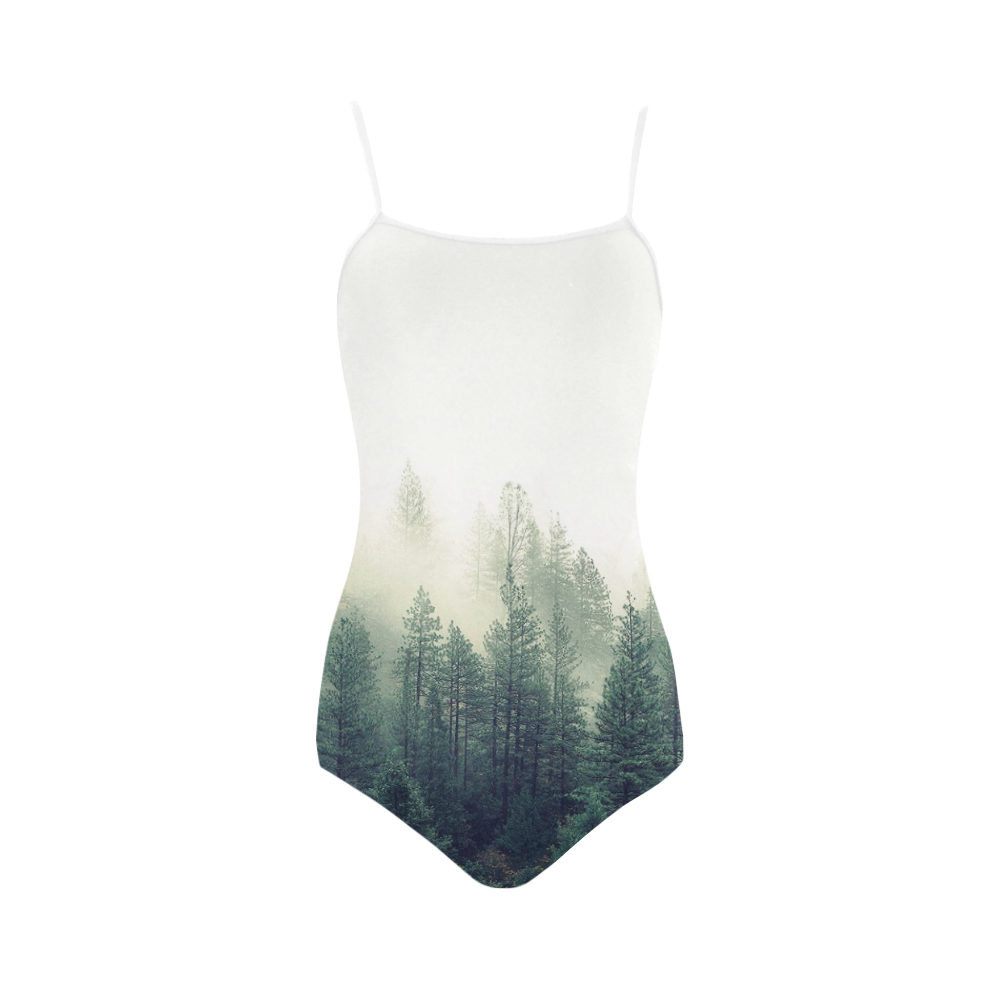 Calming Green Nature Forest Scene Misty Foggy Strap Swimsuit ( Model S05)