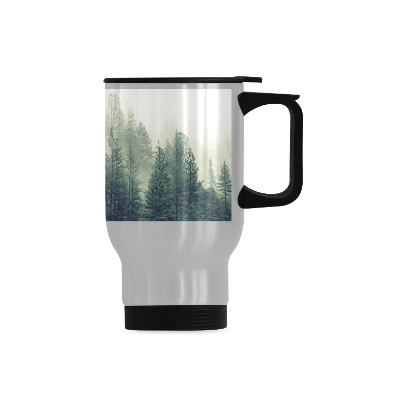 Calming Green Nature Forest Scene Misty Foggy Travel Mug (Silver) (14 Oz)
