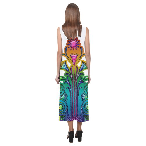 Art Deco Grunge Flower Ornaments Phaedra Sleeveless Open Fork Long Dress (Model D08)