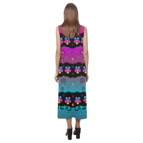 Rainbow  big flowers in peace for love and freedom Phaedra Sleeveless Open Fork Long Dress (Model D08)