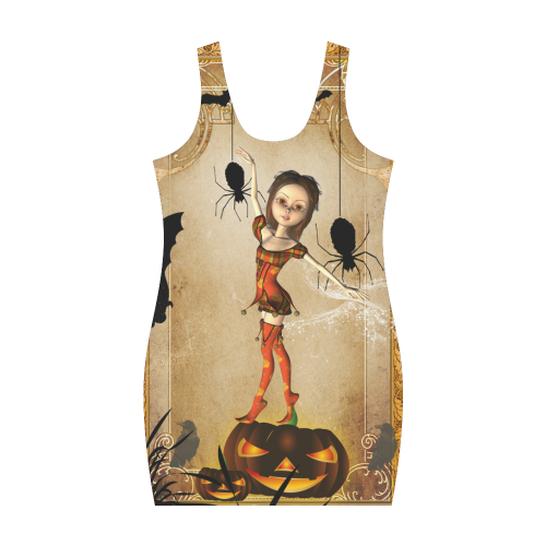 Halloween, cute girl with spiders and pumpkin Medea Vest Dress (Model D06)