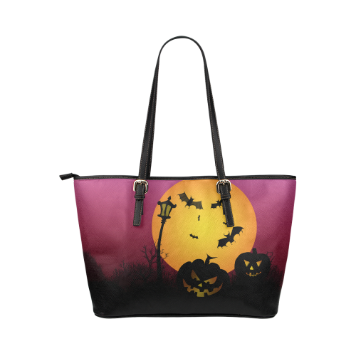 Spooky Halloween pumpkins and bats in pink Leather Tote Bag/Small (Model 1651)