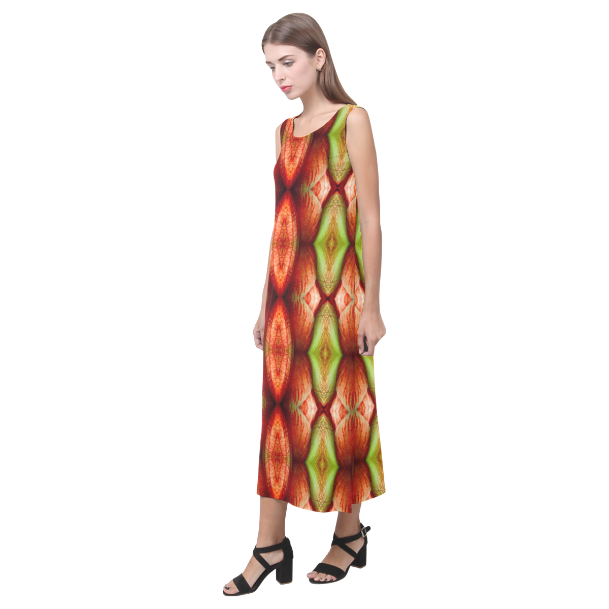 Melons Pattern Abstract Phaedra Sleeveless Open Fork Long Dress (Model D08)