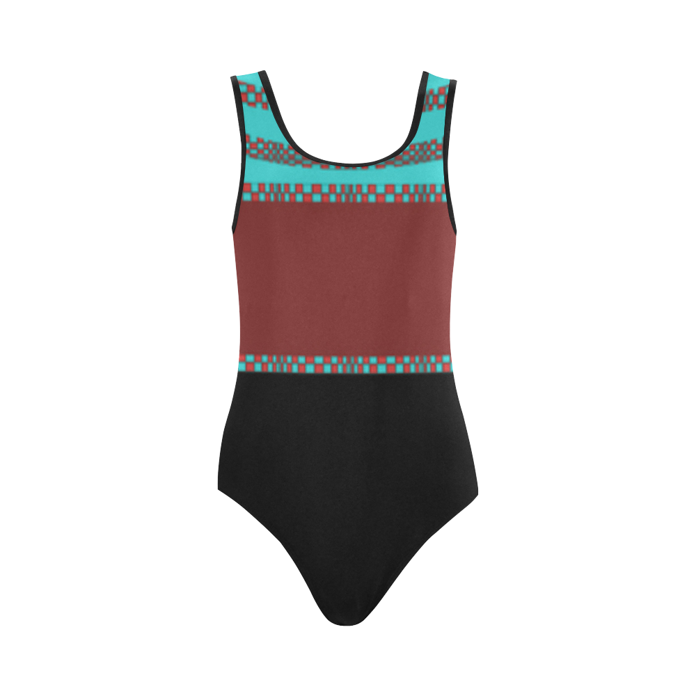 Compostion in Black, Brick & Turquoise by Aleta Vest One Piece Swimsuit (Model S04)