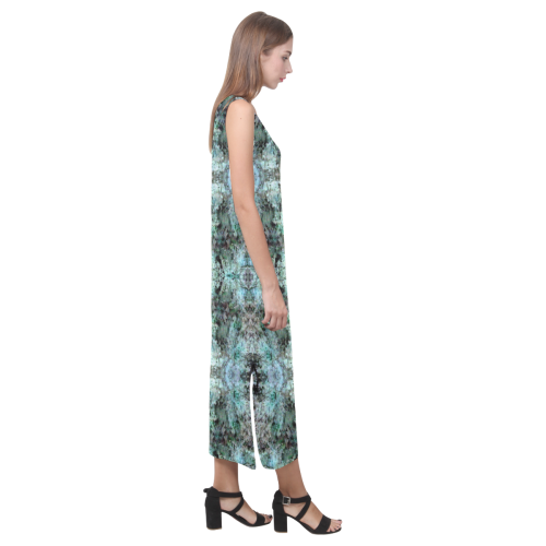 Green Black Gothic Pattern Phaedra Sleeveless Open Fork Long Dress (Model D08)