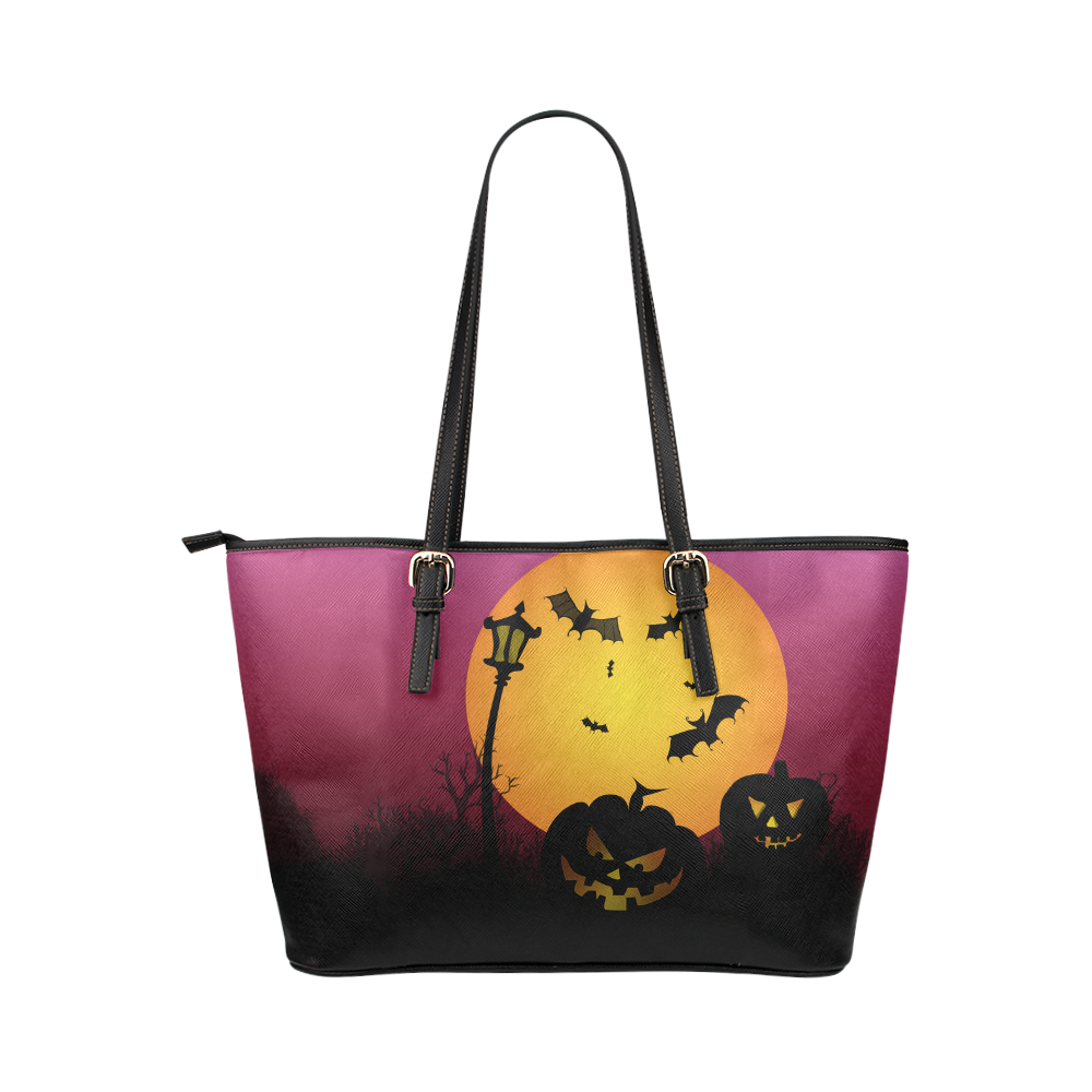 Spooky Halloween pumpkins and bats in pink Leather Tote Bag/Large (Model 1651)