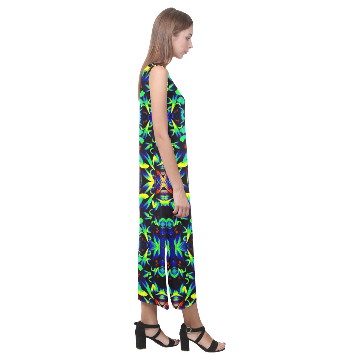 Cool Green Blue Yellow Design Phaedra Sleeveless Open Fork Long Dress (Model D08)