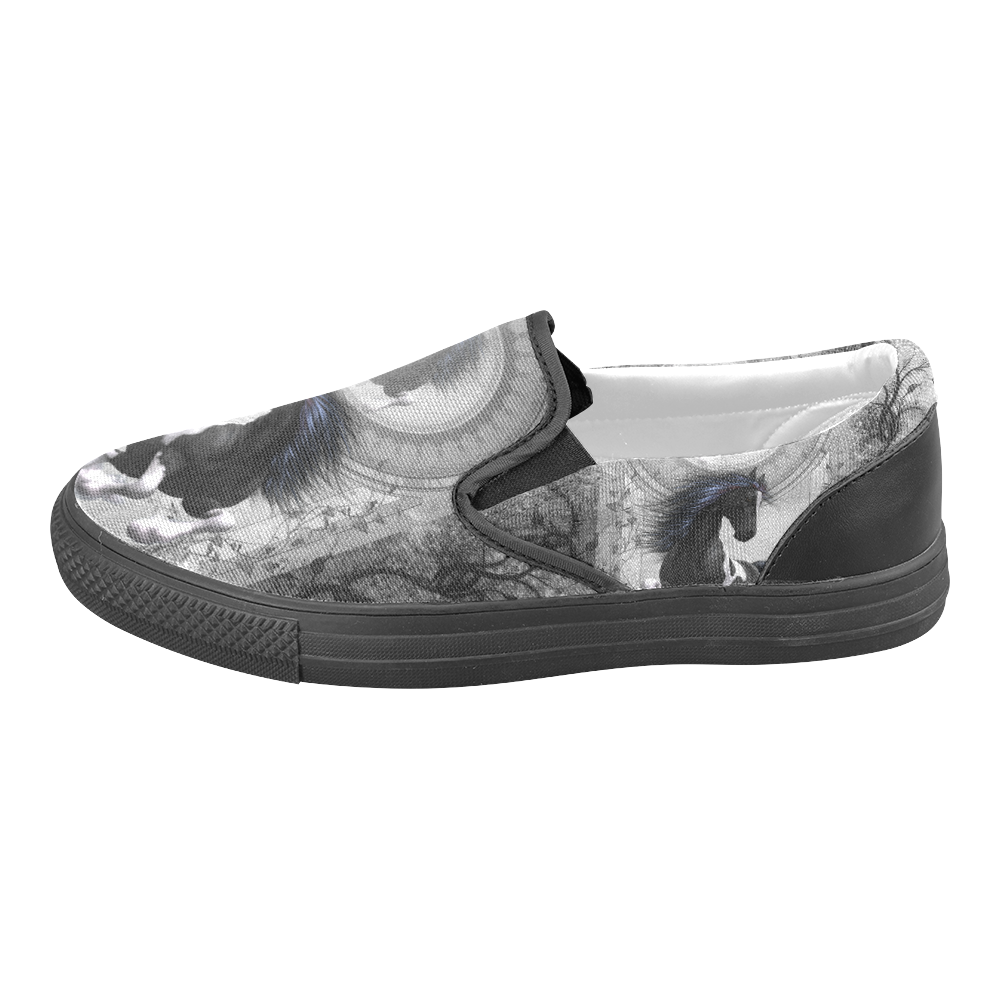 Awesome horse in black and white with flowers Women's Unusual Slip-on Canvas Shoes (Model 019)