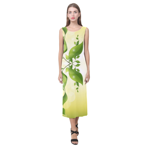 MAGIC LEAVES Kaleidoscope green yellow Phaedra Sleeveless Open Fork Long Dress (Model D08)