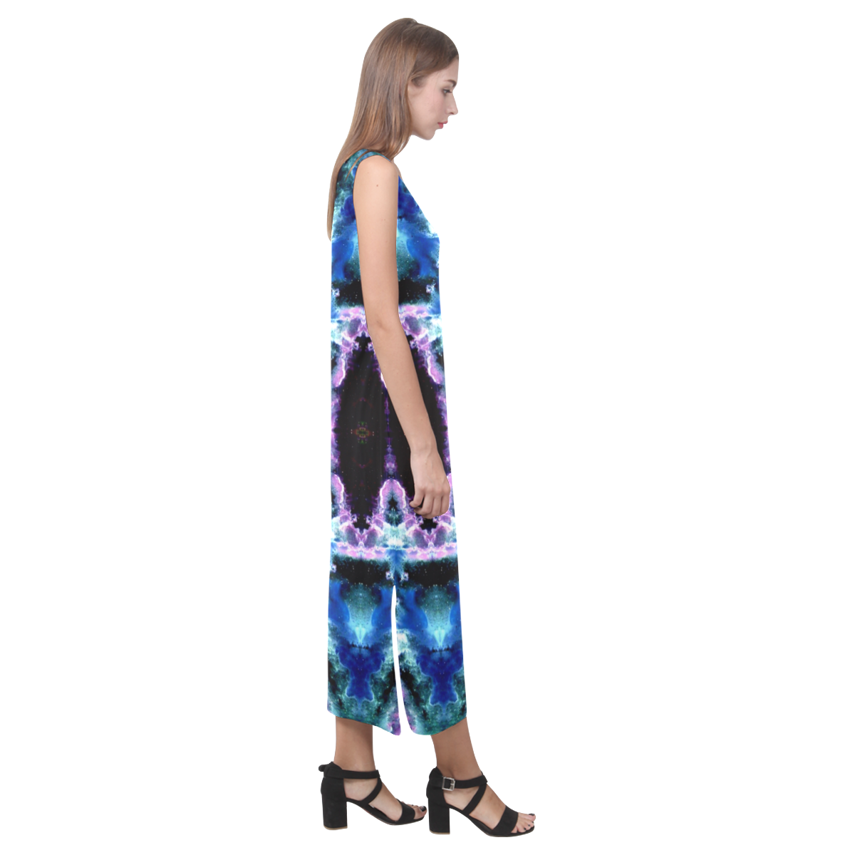 Blue, Light Blue, Metallic Diamond Pattern Phaedra Sleeveless Open Fork Long Dress (Model D08)