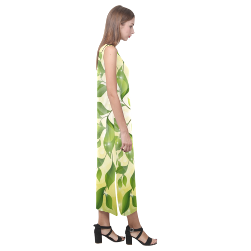 MAGIC LEAVES Kaleidoscope green yellow Phaedra Sleeveless Open Fork Long Dress (Model D08)