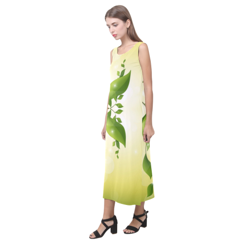 MAGIC LEAVES Kaleidoscope green yellow Phaedra Sleeveless Open Fork Long Dress (Model D08)