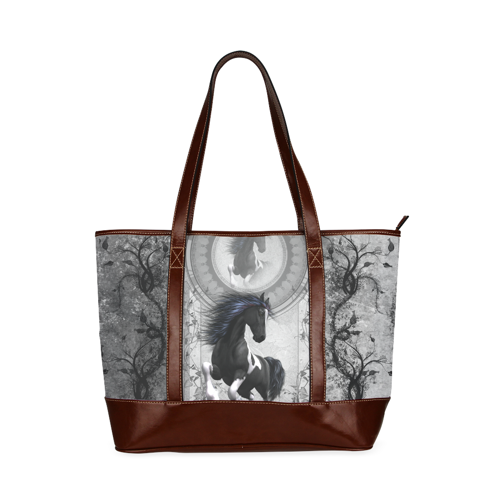 Awesome horse in black and white with flowers Tote Handbag (Model 1642)