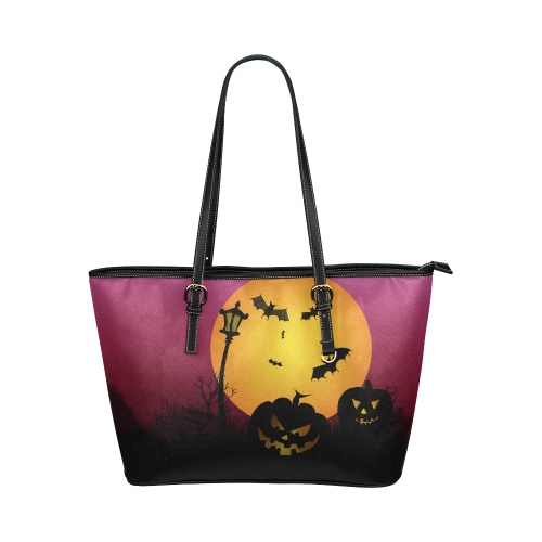 Spooky Halloween pumpkins and bats in pink Leather Tote Bag/Large (Model 1651)