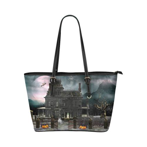 A creepy darkness halloween haunted house Leather Tote Bag/Small (Model 1651)