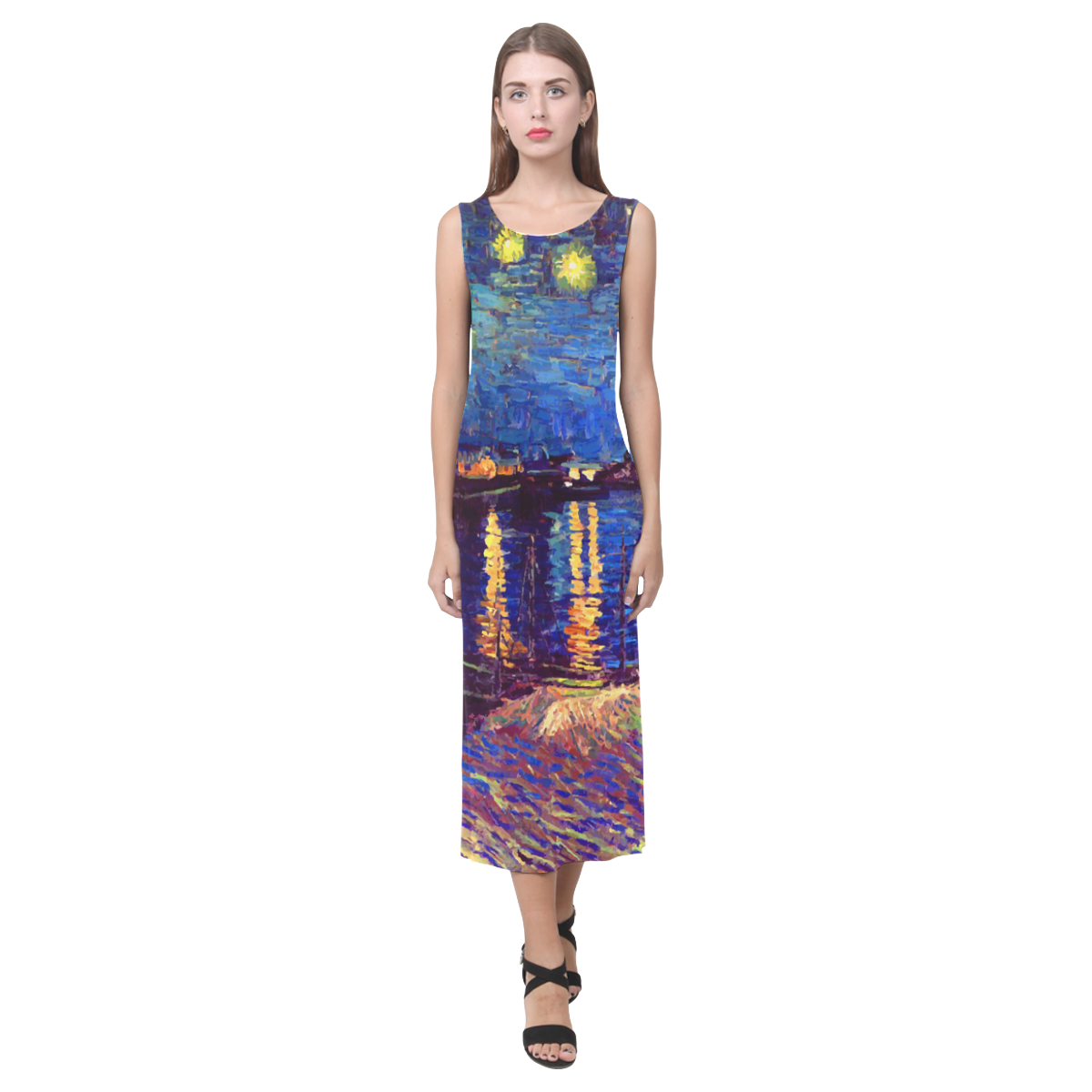 Van Gogh Starry Night Over Rhone Phaedra Sleeveless Open Fork Long Dress (Model D08)