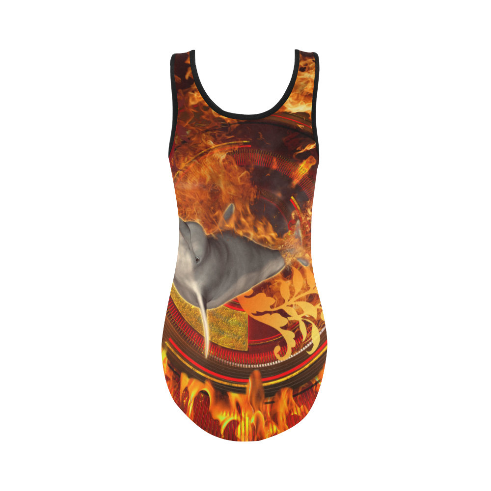 Funny dolphin jumping by a fire circle Vest One Piece Swimsuit (Model S04)