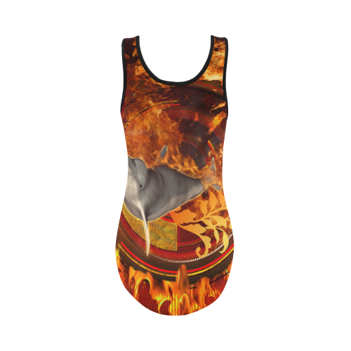 Funny dolphin jumping by a fire circle Vest One Piece Swimsuit (Model S04)