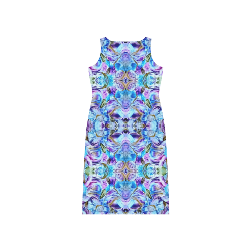 Elegant Turquoise Blue Flower Pattern Phaedra Sleeveless Open Fork Long Dress (Model D08)